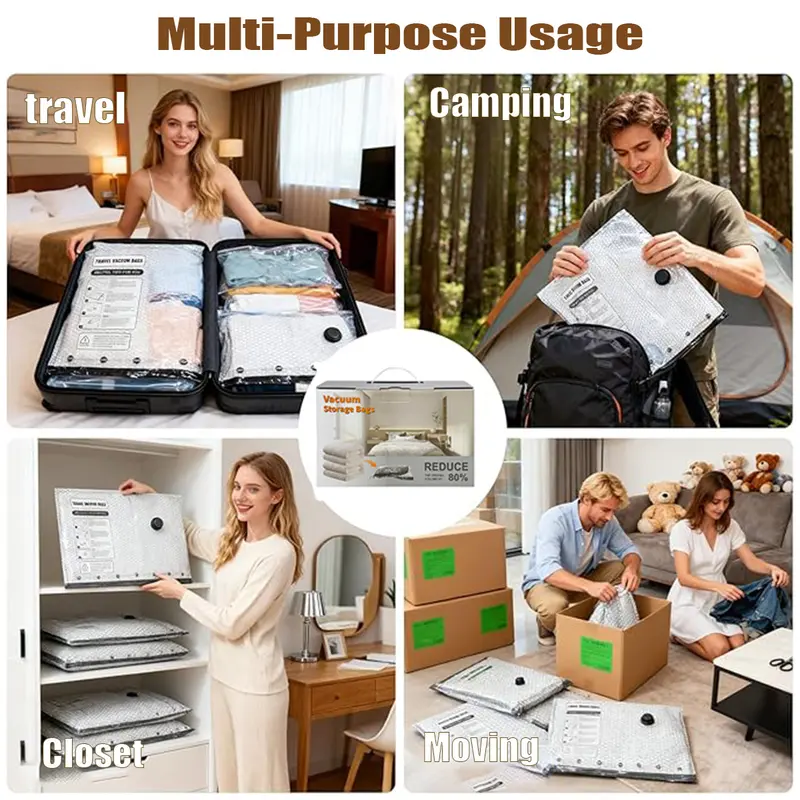 2026 Upgraded Cordless Travel Vacuum Storage Bag Set with Rechargeable Air Pump – 15 Pack Waterproof Compression Bags for Suitcases