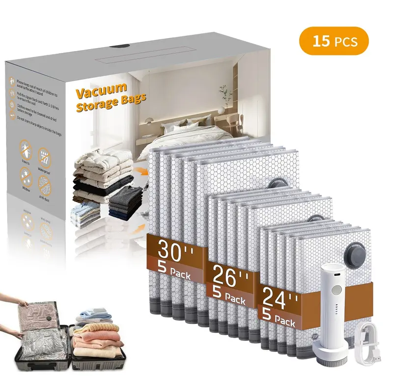 2026 Upgraded Cordless Travel Vacuum Storage Bag Set with Rechargeable Air Pump – 15 Pack Waterproof Compression Bags for Suitcases