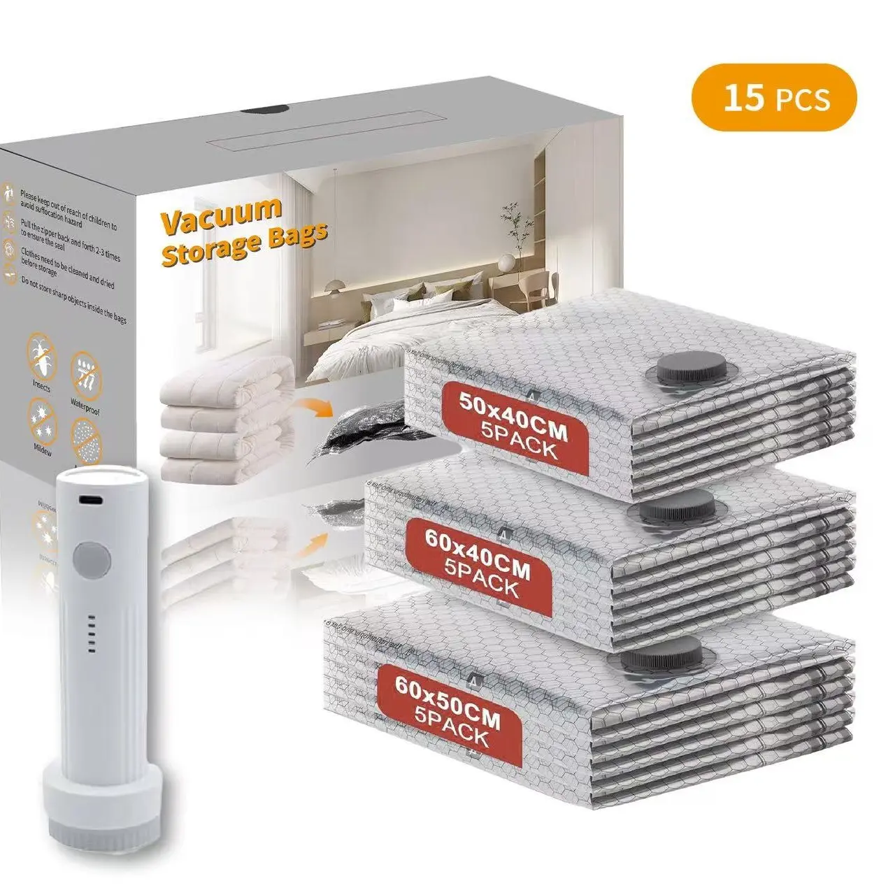 2026 Upgraded Cordless Travel Vacuum Storage Bag Set with Rechargeable Air Pump – 15 Pack Waterproof Compression Bags for Suitcases
